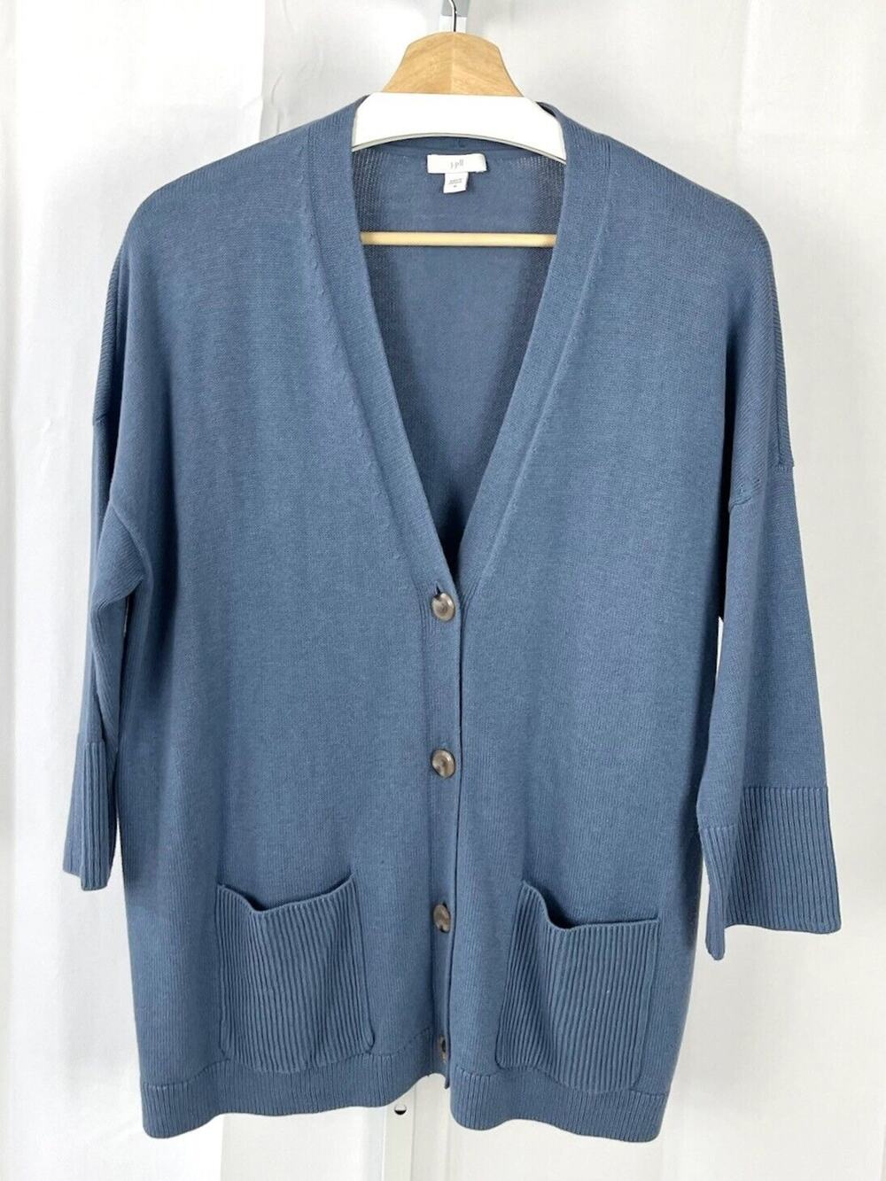 J. JILL  M Ribbed Pocket Button Front Cardigan Sweater 3/4 Sleeve V Neck Blue